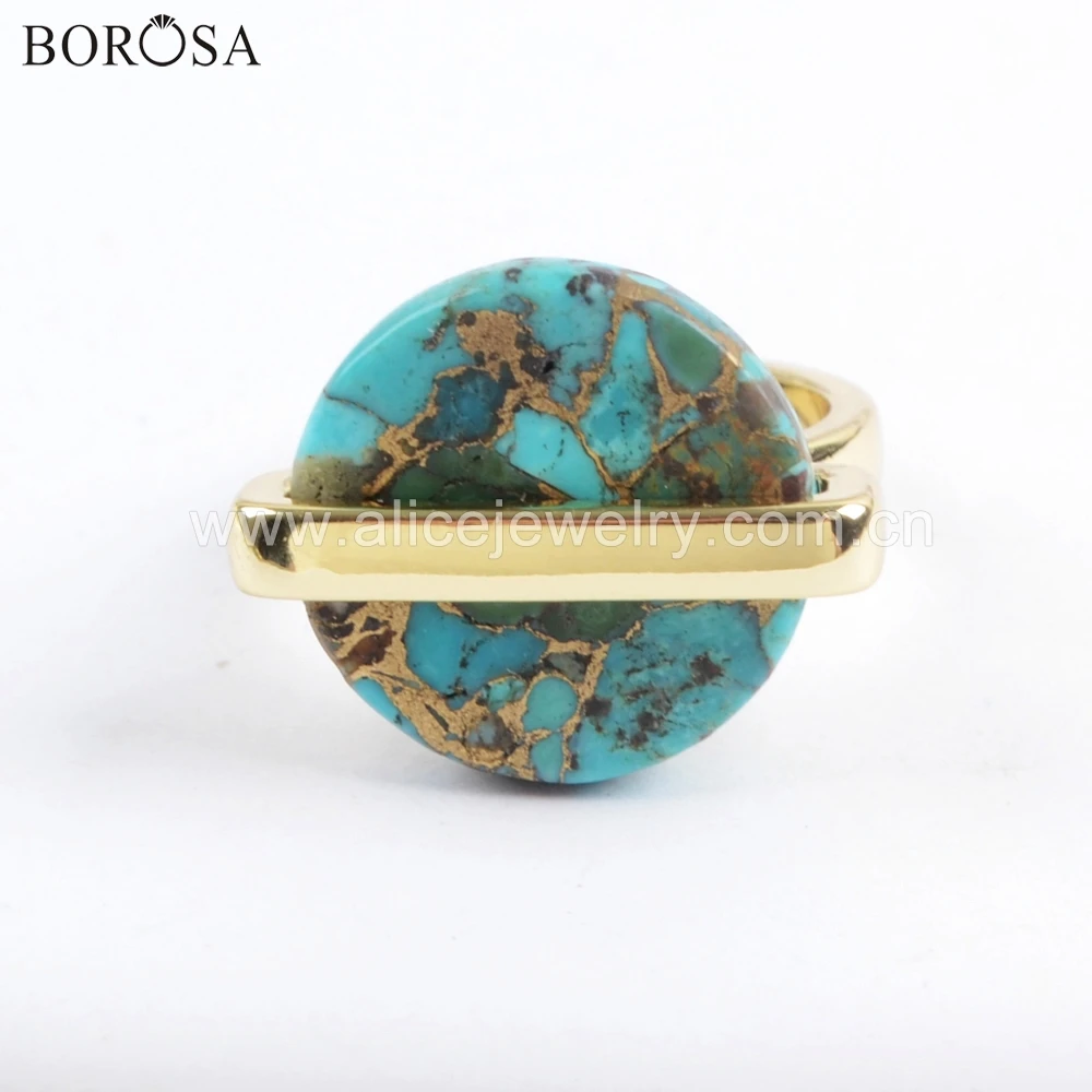 

BOROSA 6pcs Gold Bezel Round Shape Copper Natural Turquoises Ring Fashion Blue Stones Jewelry ZG0380