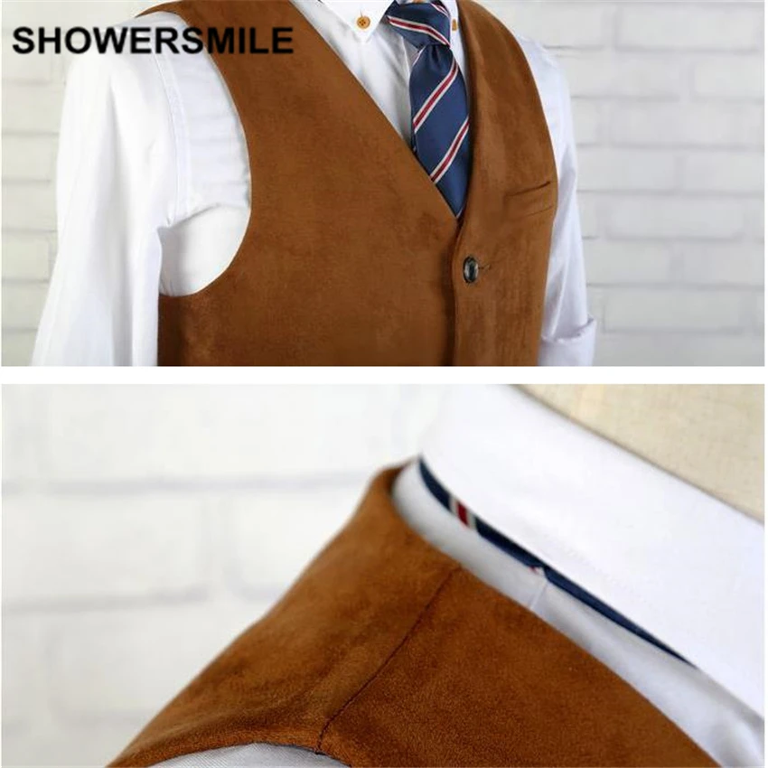 SHOWERSMILE брендовый замшевый жилет мужской коричневый кожаный жилет без рукавов осенне-зимний винтажный приталенный Chaleco стильный жилет