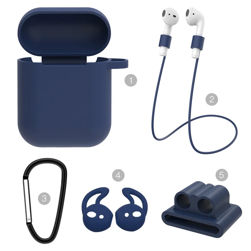Чехол Airpod для Apple, мягкий силиконовый чехол для Airpods, беспроводная гарнитура, противоутеряющие веревки, силиконовые наушники, набор из 5 предметов - Цвет: Blue-No headphones