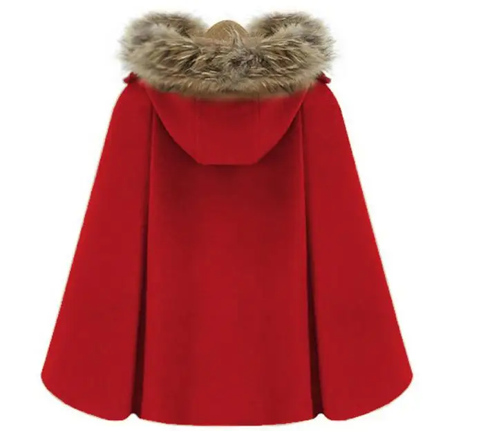 

Women elegant Woolen Coats Double Breasted Batwing Sleeve Cape Fur Hooded Cape wool blends Cape Coats