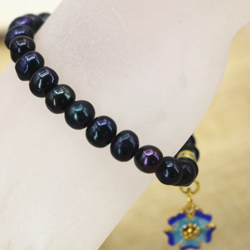 Амулеты натуральные 7-8 мм черные жемчужные бусины браслет и для женщин золотой