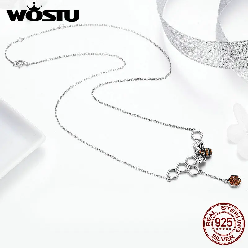 WOSTU Новое модное ожерелье из стерлингового серебра 925 пробы с Пчелой и сотами для женщин Роскошная модная Ювелирная подвеска цепочка подарок DXN216