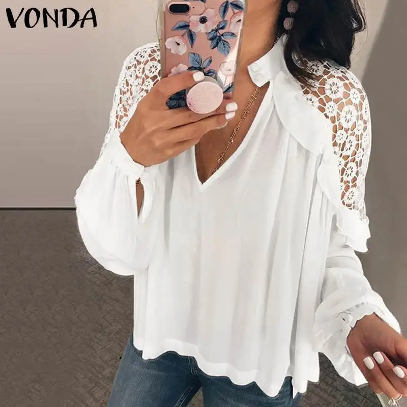 VONDA, без бретелек, женская летняя Кружевная блуза, Сексуальные клубные топы, v-образный вырез, рукав-фонарик, блузы, топы с открытыми плечами, OL рубашка, S-5X - Цвет: White