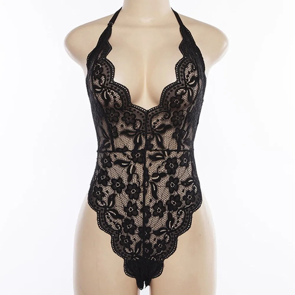 Женский кружевной комбинезон с открытой спиной без рукавов глубоким треугольным