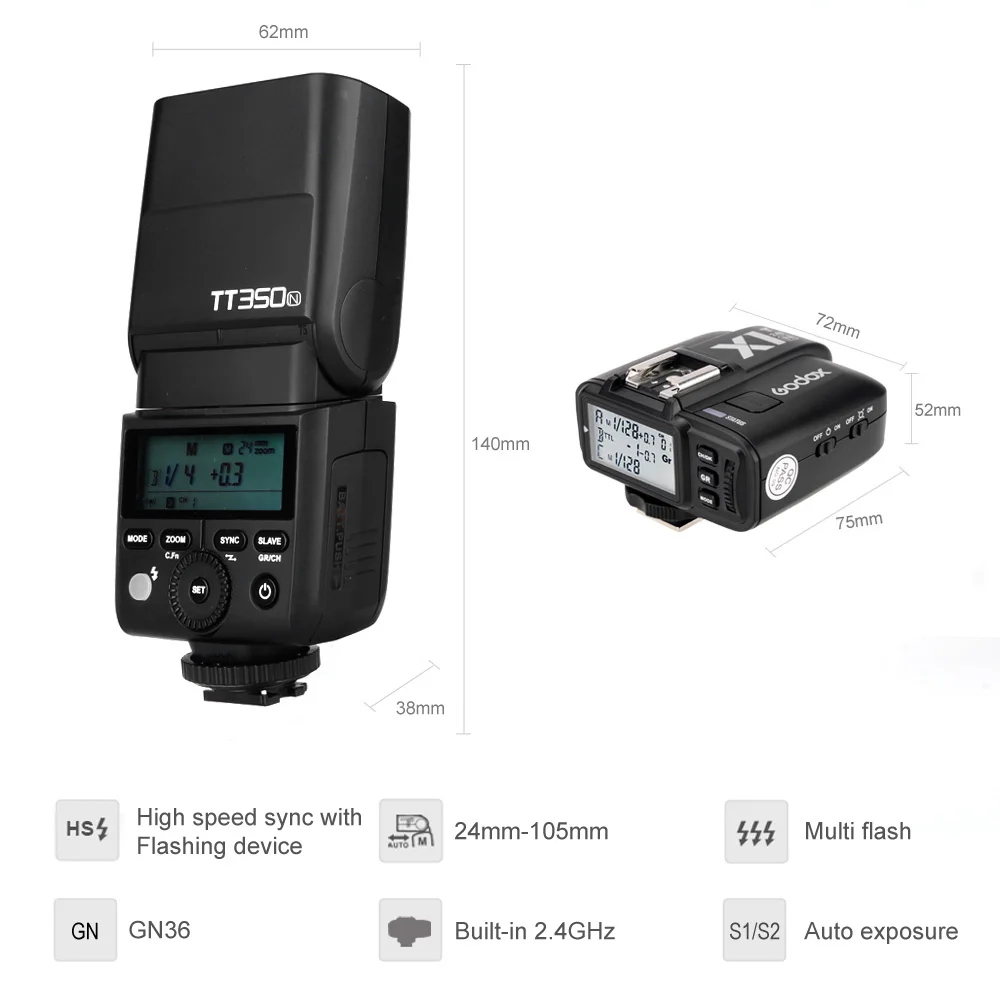 Беспроводная вспышка Godox TT350N 2 4G HSS 1/8000 с TTL GN36 триггером и трансмиттером для камеры