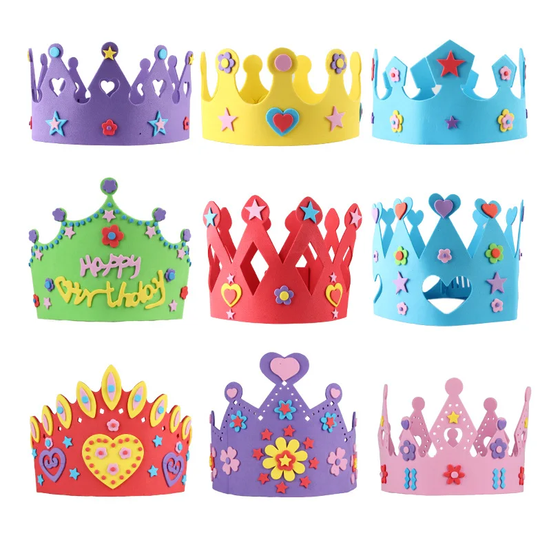 200PCS EVA Foam Birthday Crown for Children Birthday Party Caps Self-adhesive DIY Handmade 3D Eva Crown Hat Craft Kits