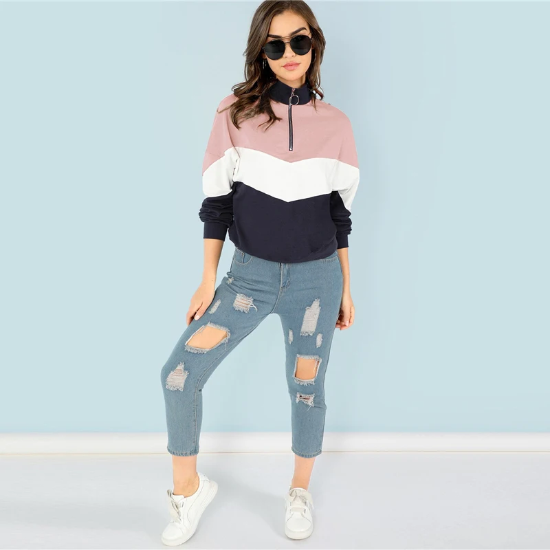 SHEIN многоцветная толстовка с круглым вырезом и молнией спереди, толстовка для отдыха с воротником-стойкой и рукавом реглан, женские осенние пуловеры