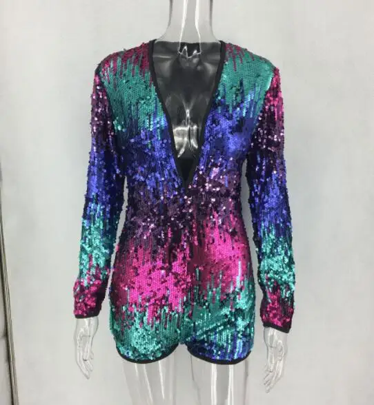 gradient playsuit Градиент Блестки Для женщин Глубокий V Playsuit боди с длинными рукавами комбинезоны осень Для женщин пикантная обувь для ночного клуба Комбинезоны Комбинезон - Цвет: gradient playsuit