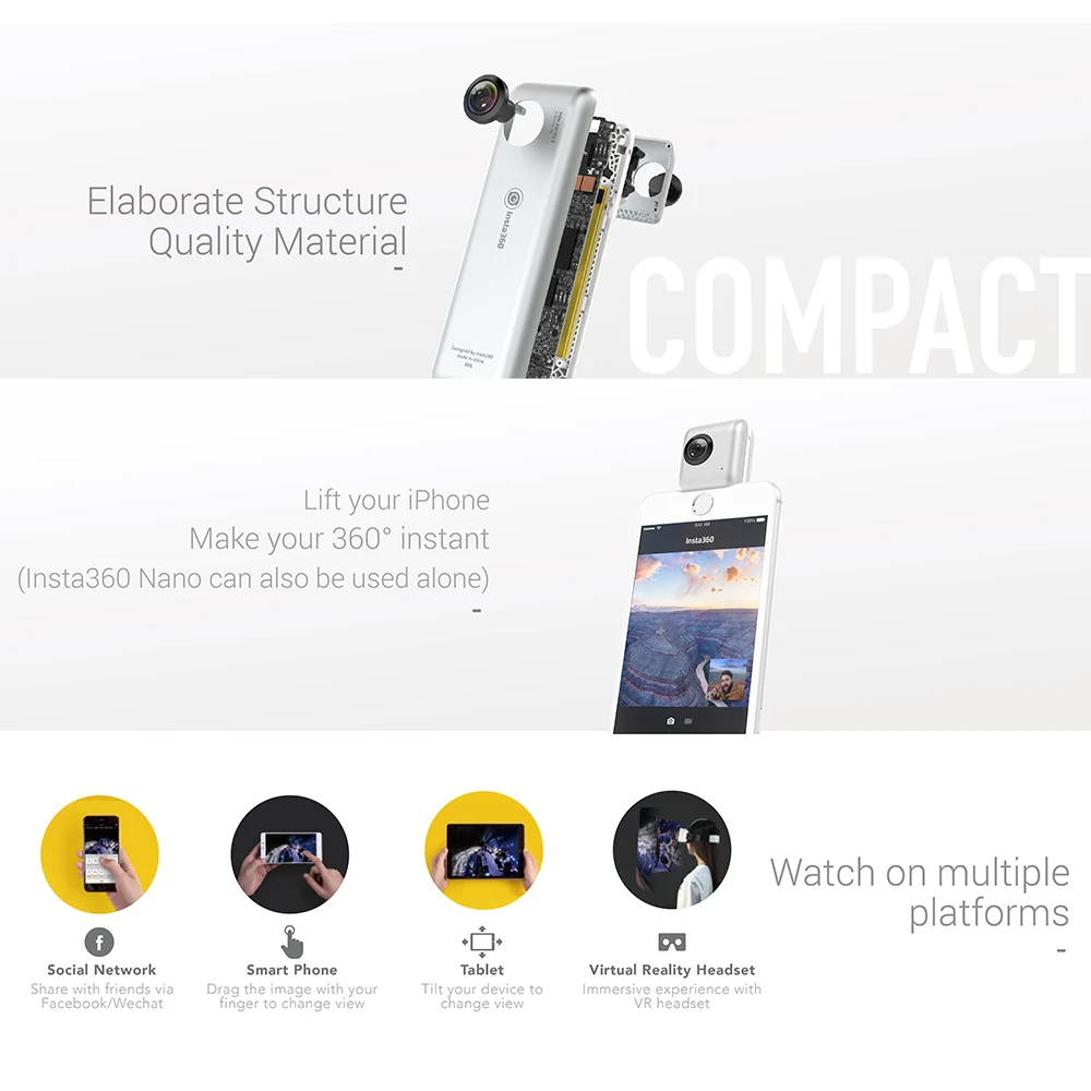 Insta360 Nano/Air Mini 3K HD 360 камера панорамная видеокамера двойная 210D широкоугольный объектив рыбий глаз для смартфона