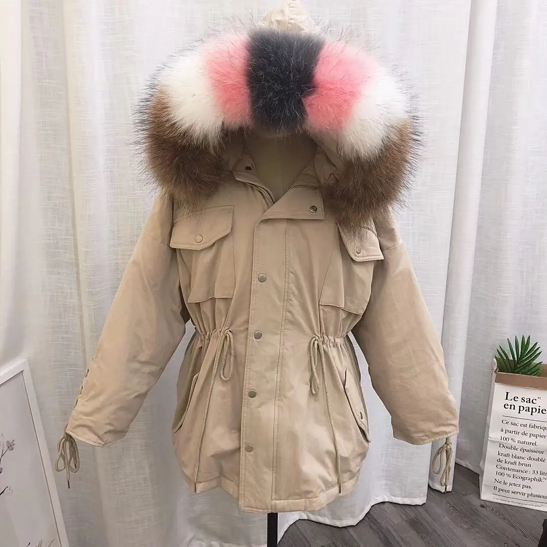 Fitaylor енота меховой воротник с капюшоном зимняя куртка пальто для женщин белая