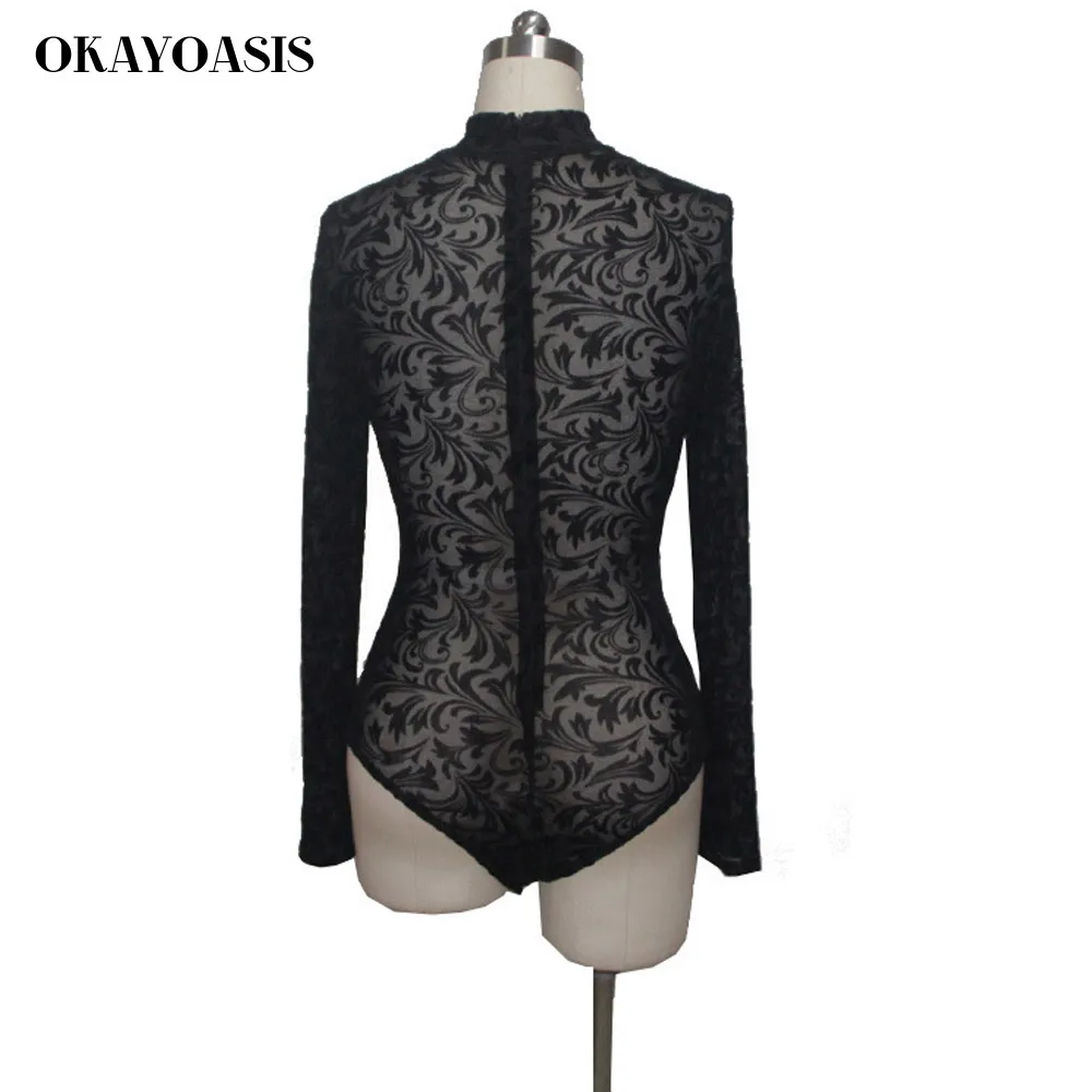 2017 Сетчатое прозрачное сексуальное боди с длинными рукавами женское черное из