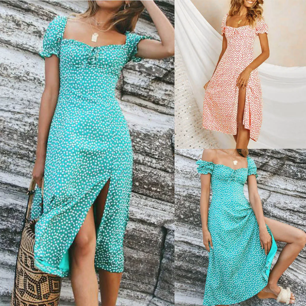 Летнее платье с цветочным принтом Boho пляжное платье женское вечернее платье сарафан с цветочным принтом женское летнее платье до середины икры