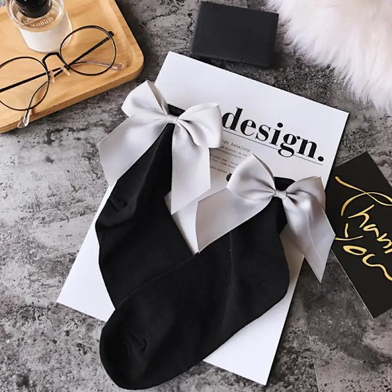 Black Grey Bowtie Женские рождественские хлопковые носки с большим бантом; однотонные женские короткие милые носки; calcetines mujer; женские рождественские носки; x27s - Цвет: Black Grey Bowtie
