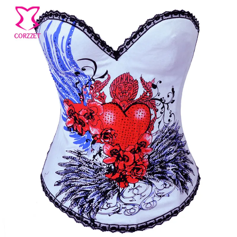 Бюстье с рисунком бурлеска и стразы на бретельках белый Хлопковый готический