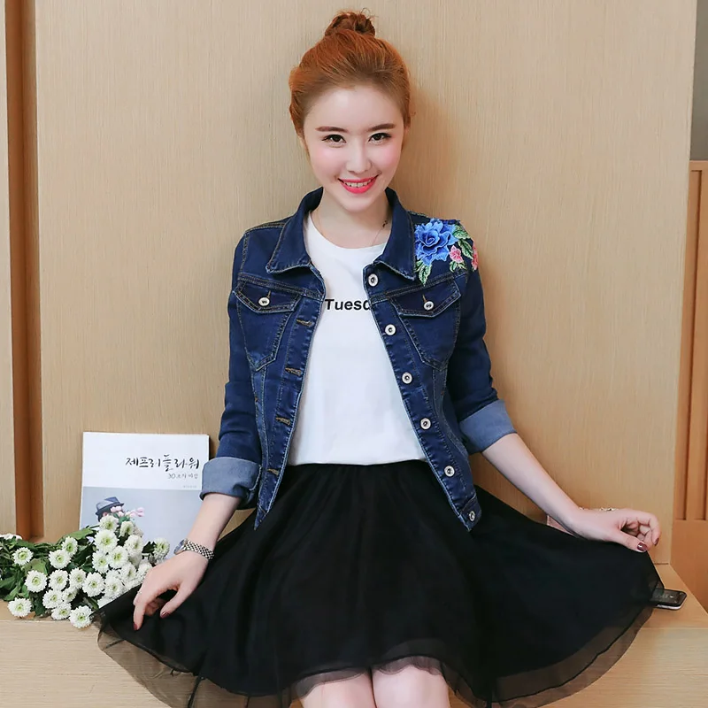 Женские джинсовые куртки с цветочной вышивкой тонкие весенние пальто длинными