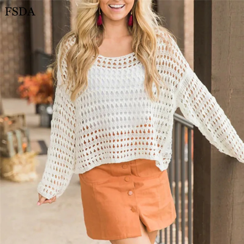 Женская ажурная блузка FSDA белый вязаный свитер с круглым вырезом и длинными