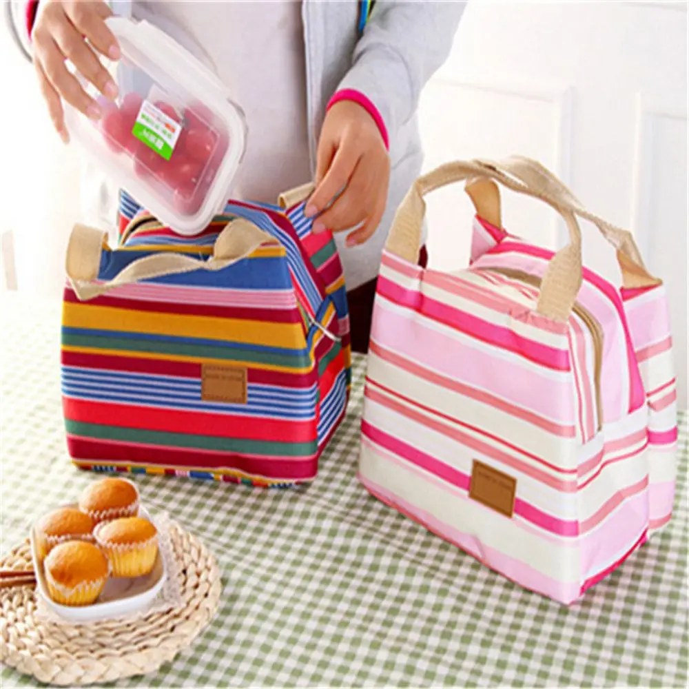 

Insulated Canvas Stripe Picnic Carry Case Thermal Portable Lunch Bag For Women Men Girl Kids Children Carry Food Storage Case