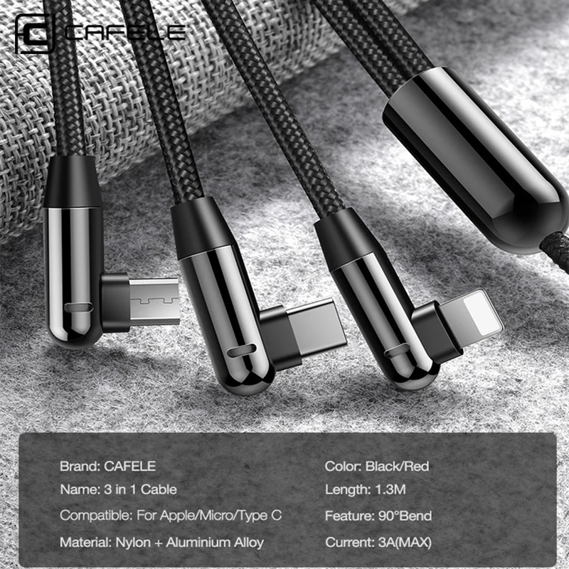 CAFELE 3 в 1 USB кабель Micro type C USB кабель для iPhone samsung huawei Xiaomi Синхронизация данных USB кабель для IOS 130 см светодиодный дисплей