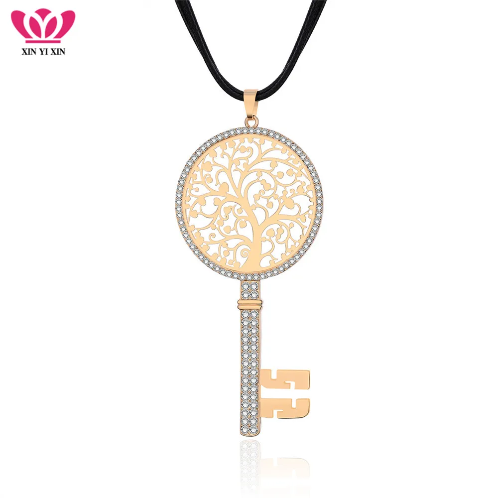 Цепочка женская с подвеской древо жизни большой кулон кристаллами кожаная