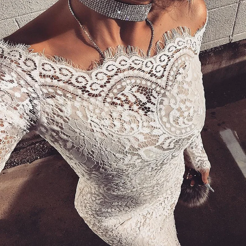 Новинка 2019 облегающее кружевное платье с открытыми плечами и длинными рукавами