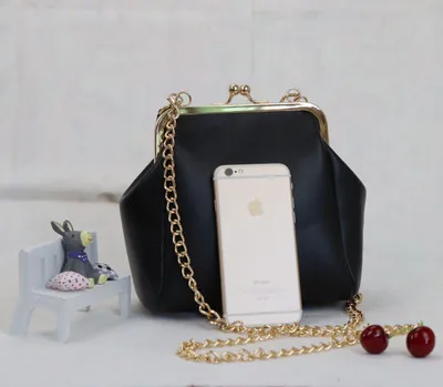 gold hardware Женская Классическая винтажная черная сумка через плечо из искусственной кожи на цепочке с замком Kiss для женщин - Цвет: gold hardware