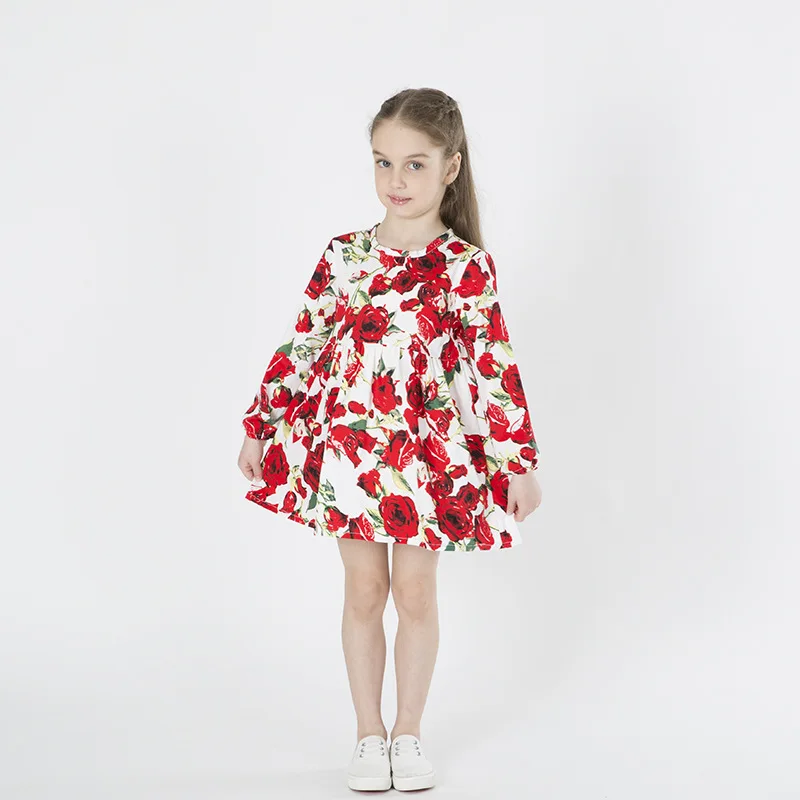 Red Flower Princess Dress Girls Long Sleeve Floral Baby Girl Wedding Party Dresses Print Outfits Toddler Clothing For 3-8T | Детская