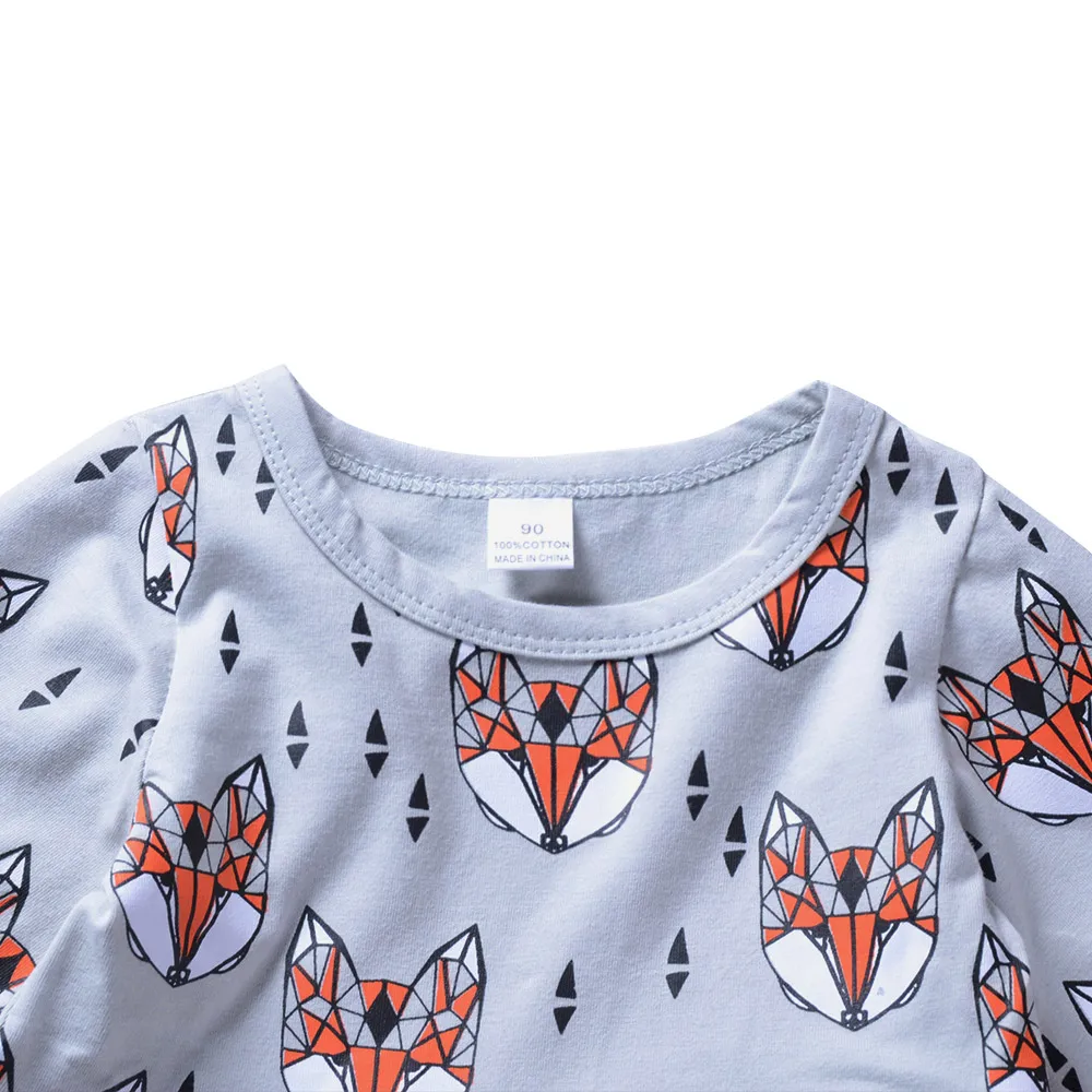 Little Girls Dresses Kleding Meisje Animal Fox Printing Ruched Grey Dress Casual Kids Clothes | Детская одежда и обувь