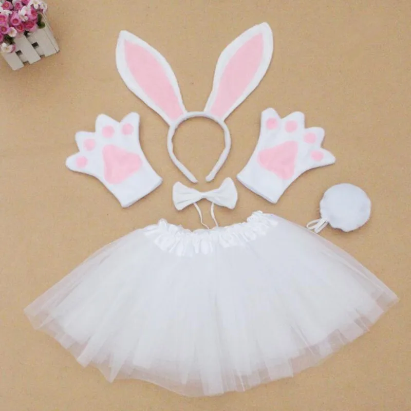 5pcs set white Новые длинные с заячьими ушками; бант на голову галстук хвост рукавицы-лапы юбка-пачка Детский карнавальный костюм для девочек набор любимая для вечеринки в честь Хэллоуина подарок - Цвет: 5pcs set white