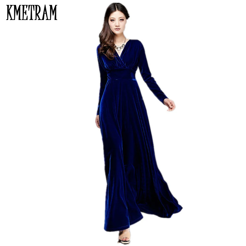 Женское бархатное платье KMETRAM 4XL длинное золотистого цвета на осень и зиму