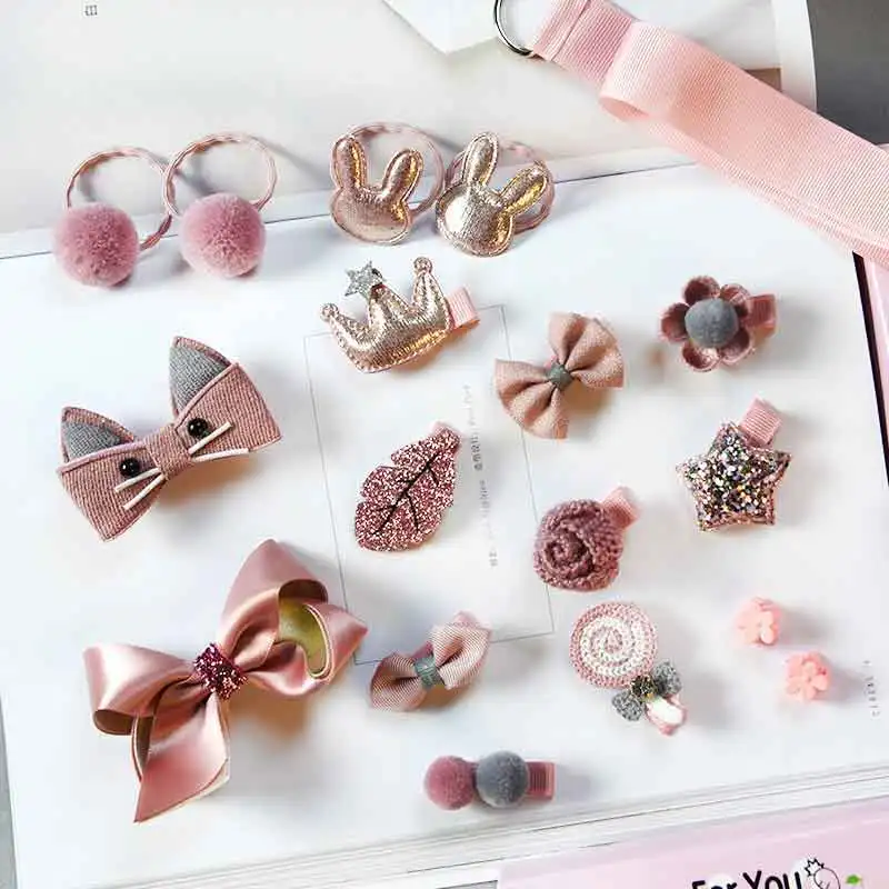 Korea pink 18 шт. Детские зажимы для волос эластичные детские Луки узел заколки Корона кролик цветочные шпильки дети девочки Lacos подарок детские украшения для волос - Цвет: Korea pink