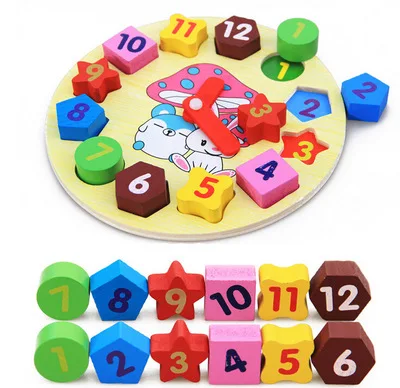 Деревянные игрушки-кубики цифровые геометрические часы мультяшная игрушка для