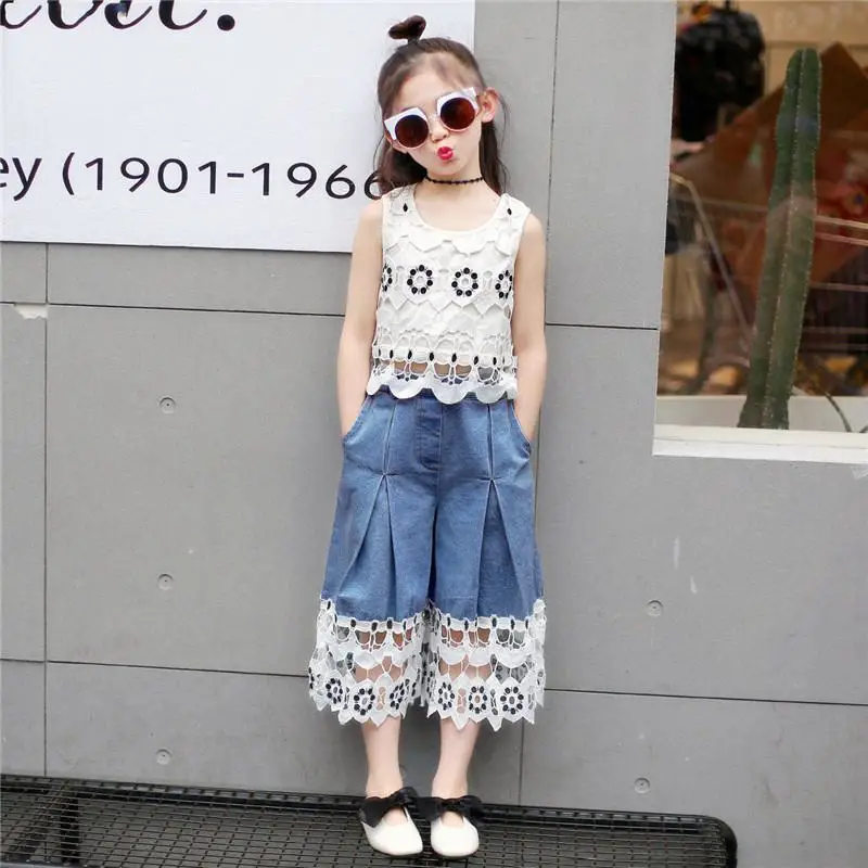 

2019 New Summer Fashion Toddler Girl Clothes Suits Baby Girl Lace Patchwork Sleeveless Tops + Wide Leg Jeans Pants Tracksuits