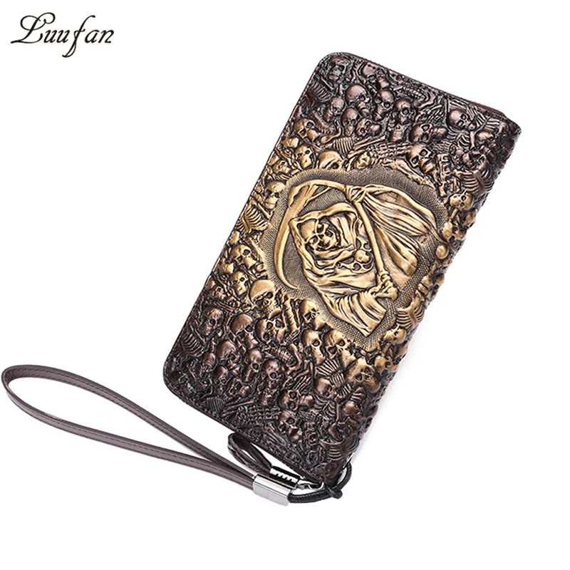 Мужской Длинный кошелек из натуральной кожи с черепом на молнии клатч iPhone7