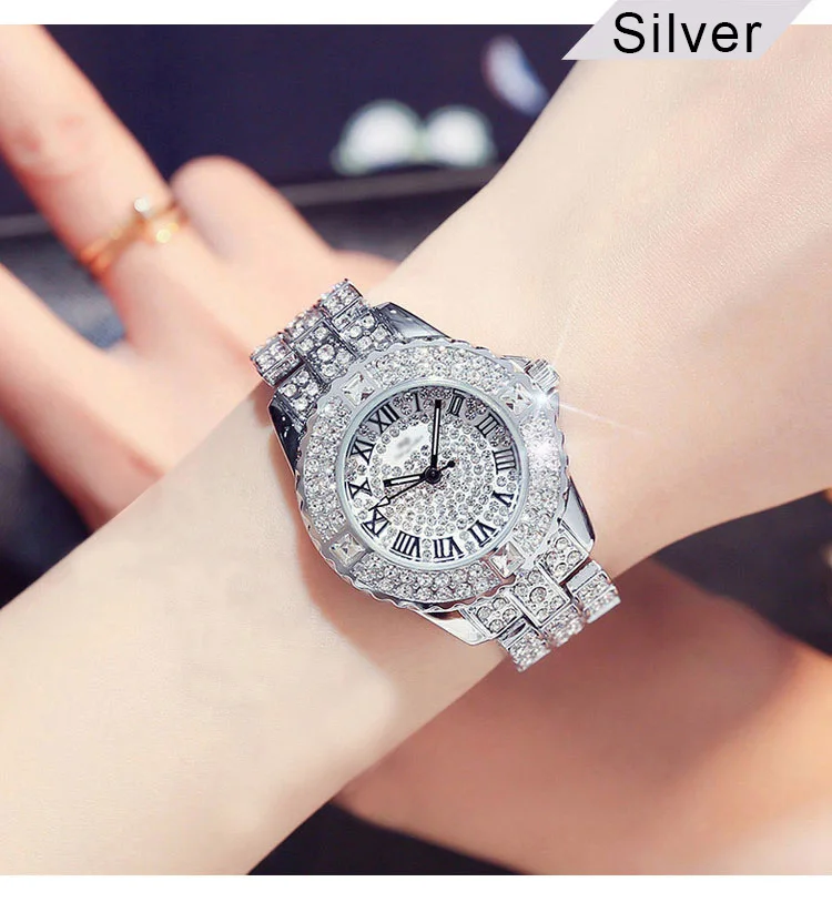 Silver Новые Роскошные Стразы Часы-браслет Для женщин со стразами модные женские туфли из розового золота платье часы Нержавеющая сталь с украшением в виде кристаллов наручные часы - Цвет: Silver