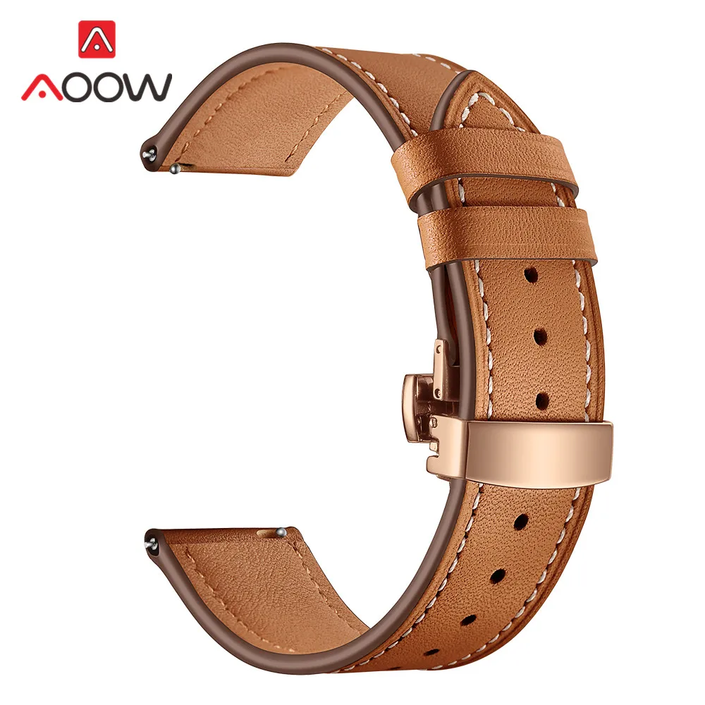 Brown rose gold 20 мм 22 мм ремешок из натуральной кожи для samsung Galaxy Watch Active 42 мм 46 мм Бабочка Пряжка браслет ремешок аксессуары - Цвет ремешка: Brown rose gold