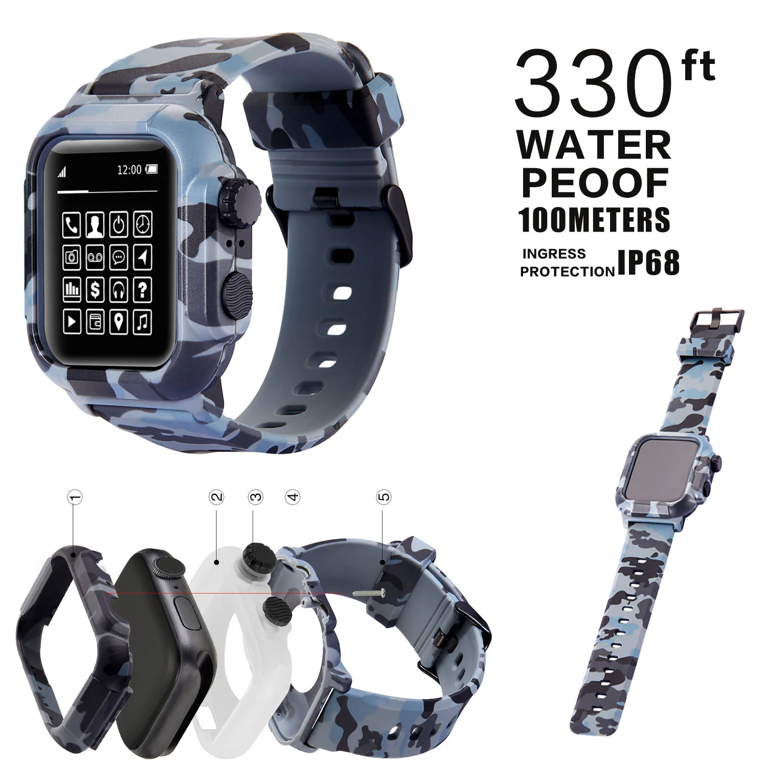 Чехол для Apple Watch 42 мм 44 мм, камуфляжный Силиконовый водонепроницаемый чехол для iWatch серии 5, 4, 3, 2, ремешок для браслета