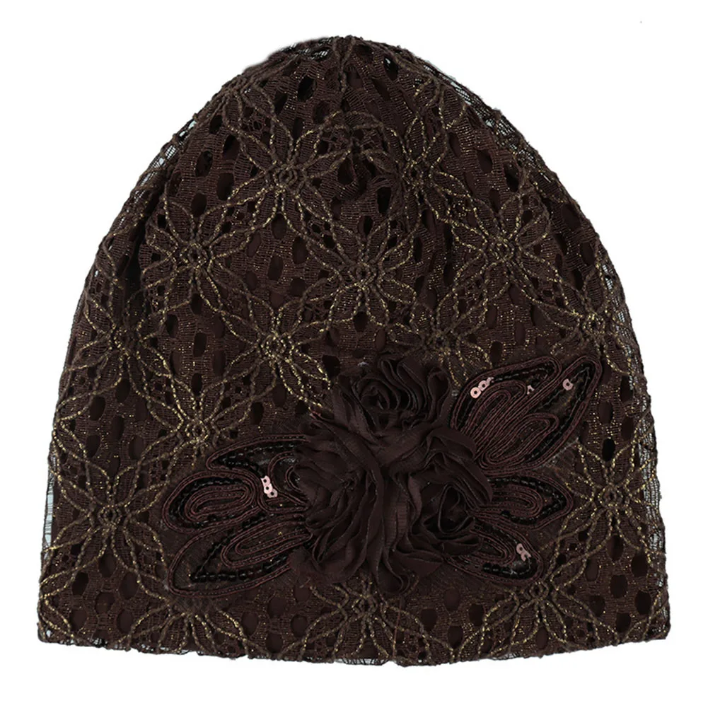 Женская Шапочка-бини с бантом-бабочкой цветочным узором украшенная блестками