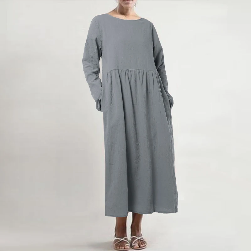 Long Sleeve Размера плюс ZANZEA летние женские повседневные однотонные с коротким рукавом из хлопка и льна вечерние свободные тонкие длинные платье-сарафан халат Femm - Цвет: Long Sleeve