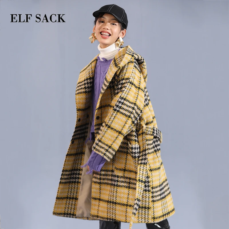 ELFSACK/Новинка зимы шерстяное пальто в клетку винтажная женская верхняя одежда с