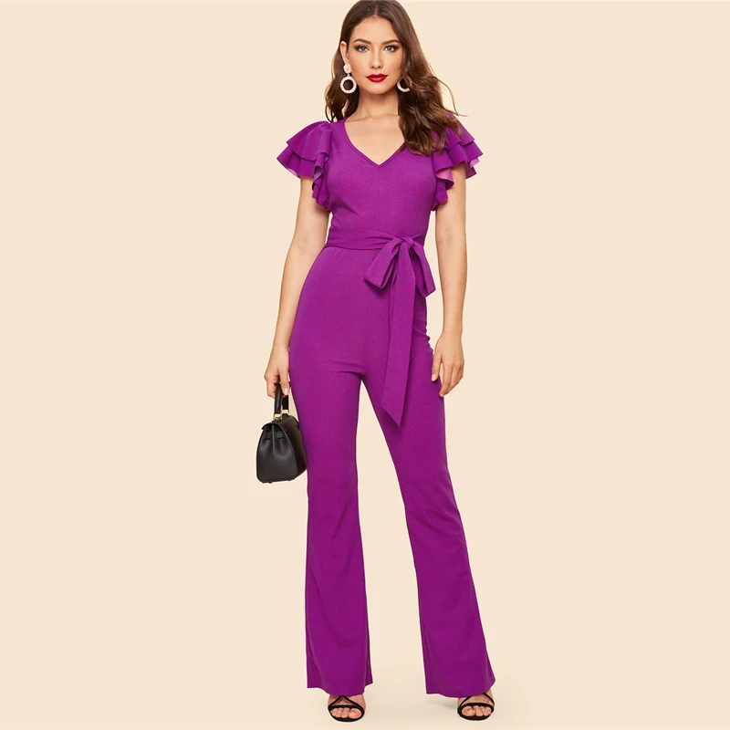 SHEIN Элегантный Комбинезон С Поясом Яркий Комбинезон С Оригинальным Рукавом И V-Образным Вырезом