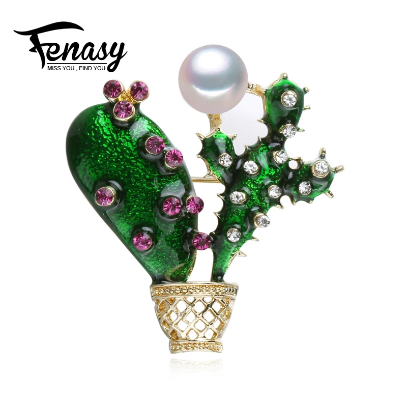 

FENASY Noble Elegant Cactus Brooch Pins Bohemian Natural Freshwater Pearl Brooch For Party Fine Jewelry
