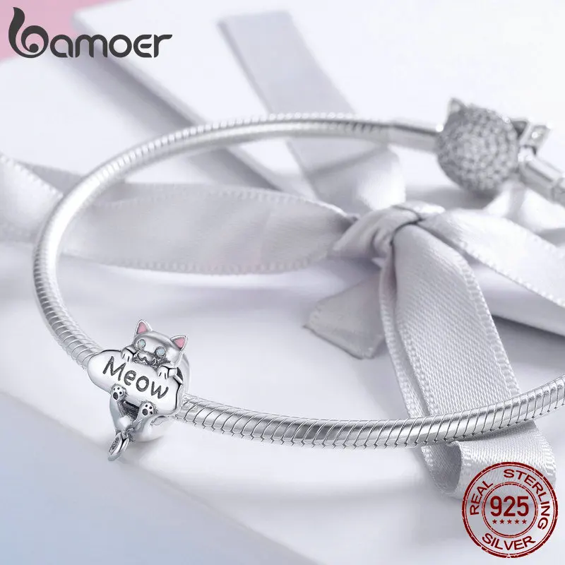BAMOER подлинный 925 пробы Серебряный озорной бусины кошка Мяу Кошка Животное Шарм подходит браслет DIY ювелирных изделий подарок SCC874