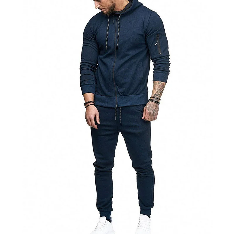Navy Blue Set A HEFLASHOR, мужская спортивная одежда на шнурке, модный однотонный спортивный костюм, Толстовка и штаны, повседневные толстовки на молнии, верхняя одежда - Цвет: Navy Blue Set A