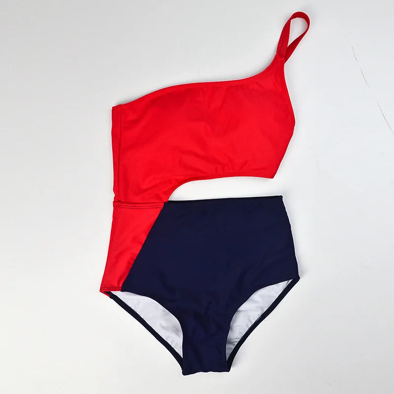 2018 красный темно-синий контрастный цвет цельный купальник женский плюс размер