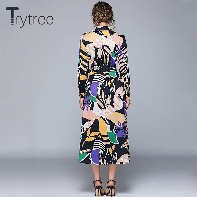 Trytree осеннее богемное платье-рубашка с принтом женские платья отложной воротник