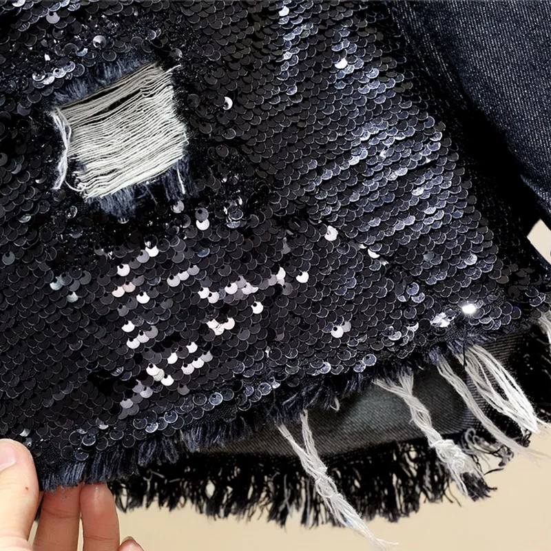 Женские джинсовые шорты с блестками Летние черные высокой талией и дырками