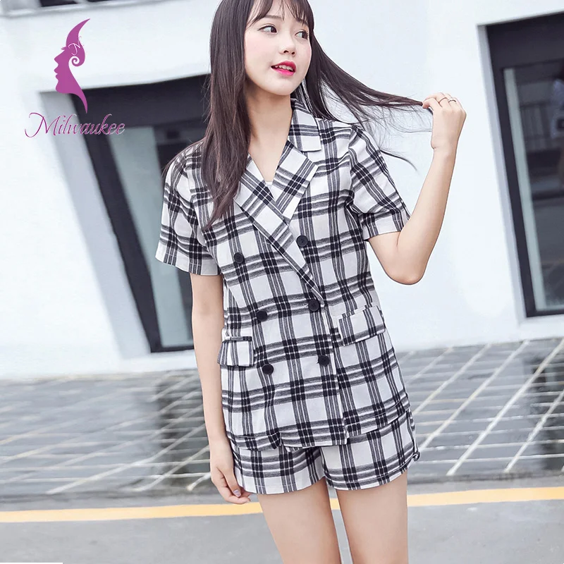 Milwaukee Summer Casual Women Sets Short Sleeve Turn Down Collar Plaid Geometric Top And Pockets Shorts Suits 2 Piece Clothes | Женская