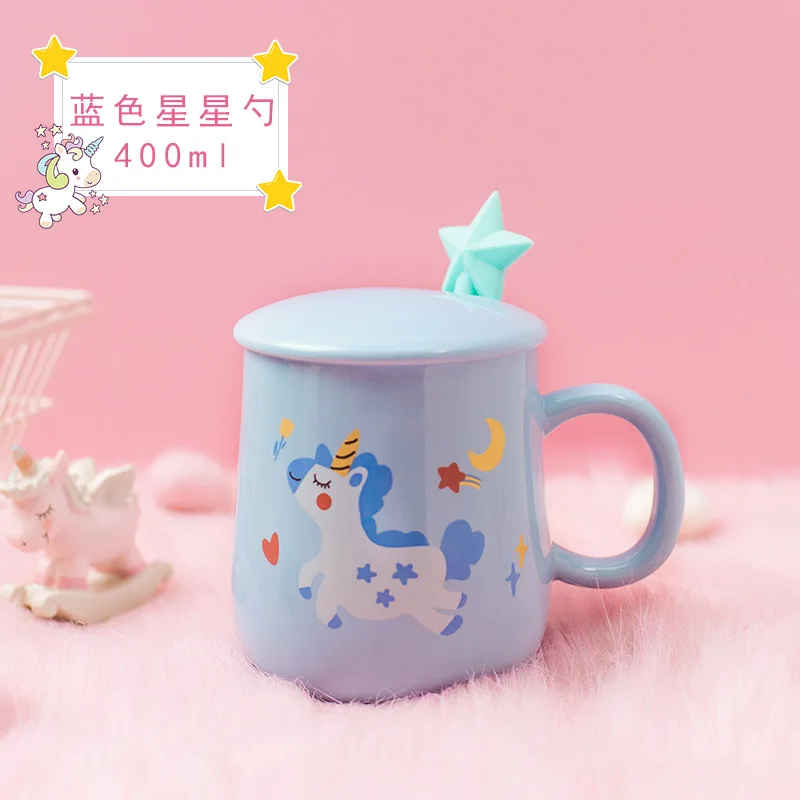 Unicorn Star blue Единорог русалка кофейная кружка с крышкой 3D ложка керамическая чайная чашка для воды подарок для женщин девочек розовый 400 мл - Цвет: Unicorn Star blue