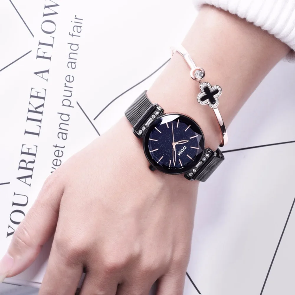 

Luxury Women Watches Fashion Elegant Magnet Buckle Vibrato Purple Ladies Wristwatch DOM New Starry Sky Roman Numeral Gift Clock