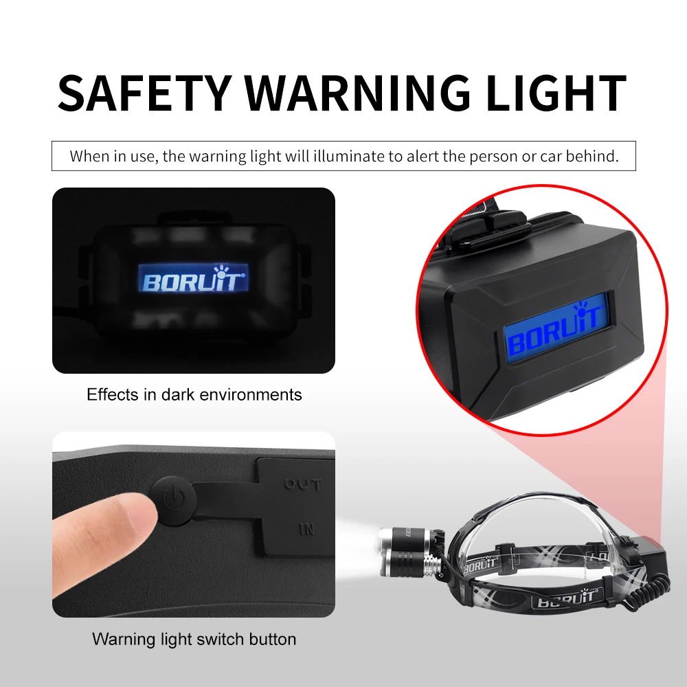 BORUiT XM-L2 светодиодный налобный фонарь с 4 режимами, масштабируемый Головной фонарь с зарядным устройством, фонарик с функцией памяти, аккумулятор 18650